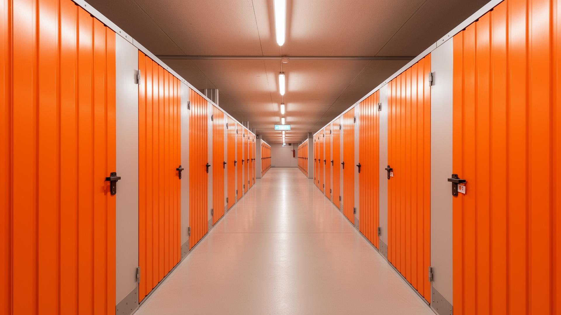 Moderne minilager i Oslo med oransje lagerboder i en ren og godt opplyst korridor